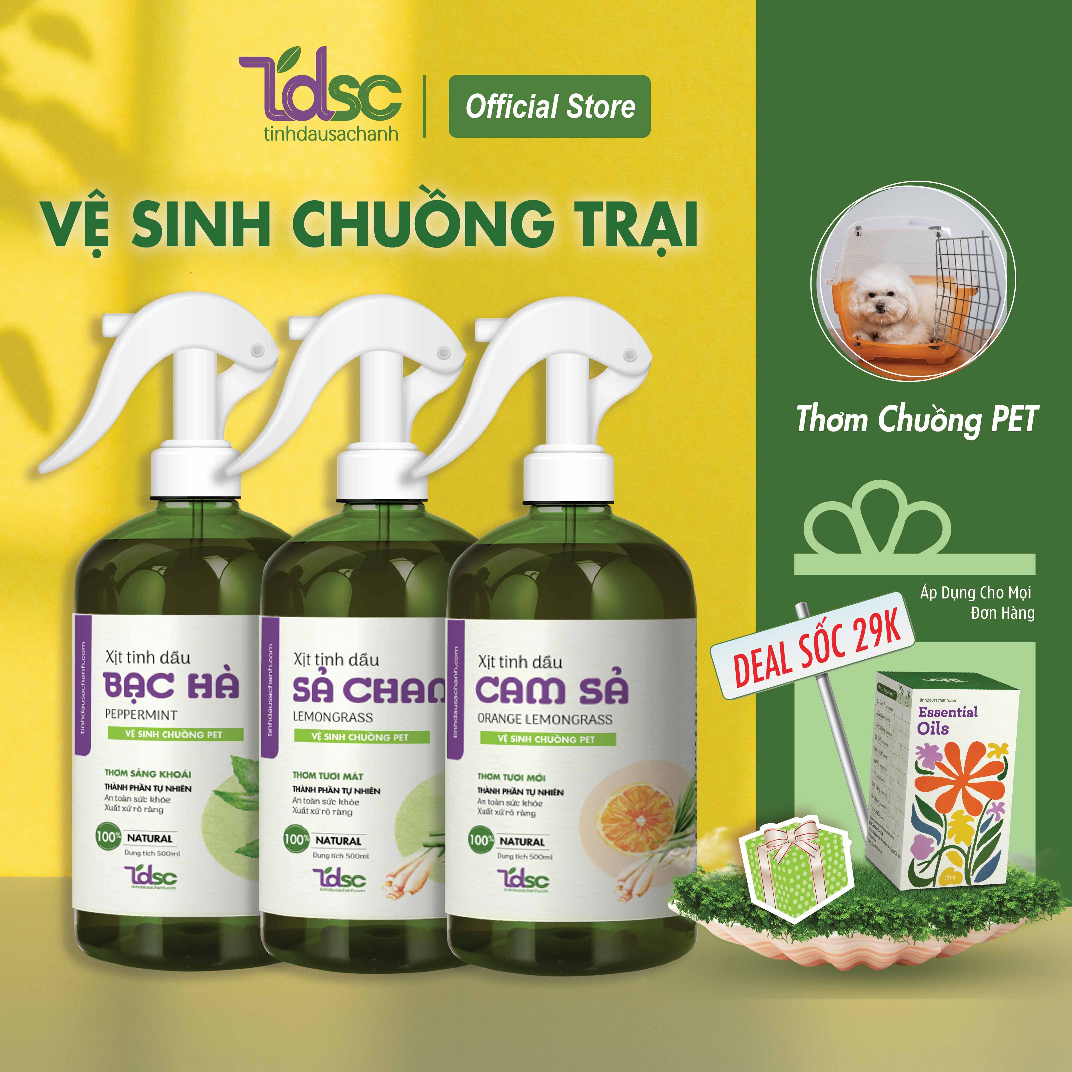 Xịt Khử Mùi Vệ Sinh Diệt Khuẩn Chuồng Trại Pet TINHDAUSACHANH 100ml/500ml Xịt Thơm Khử Khuẩn Thú Cưng
