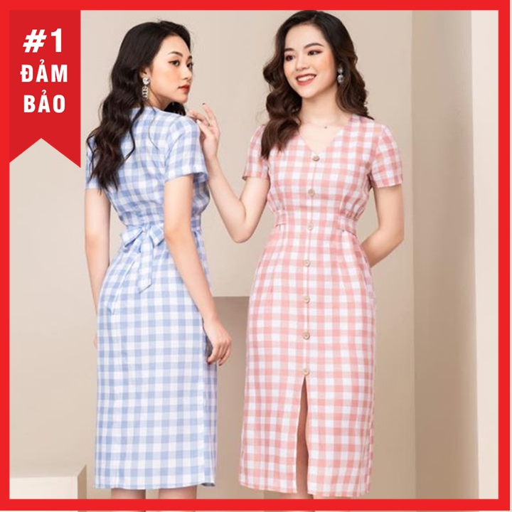 ĐẦM CARO PHỐI NÚT THỜI TRANG K10 ĐỦ SIZE S,M,L,XL,XXL