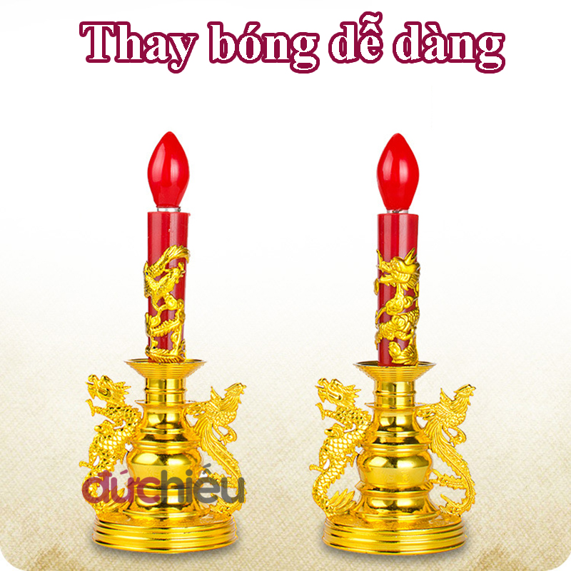 Đèn cầy điện để bàn thờ hình rồng phượng cao 28cm – Đức Hiếu Shop