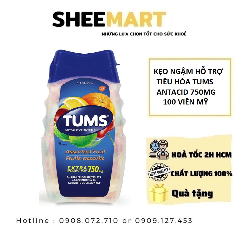 Kẹo ngậm hương trái cây hỗ trợ tiêu hoá Tums chai 100 viên từ Mỹ