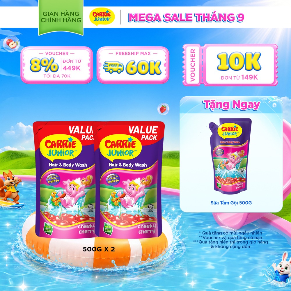 Combo 2 Túi Sữa Tắm Gội Carrie Junior Cho Bé chiết xuất trái cây thiên nhiên Hương Cheeky Cherry 500G