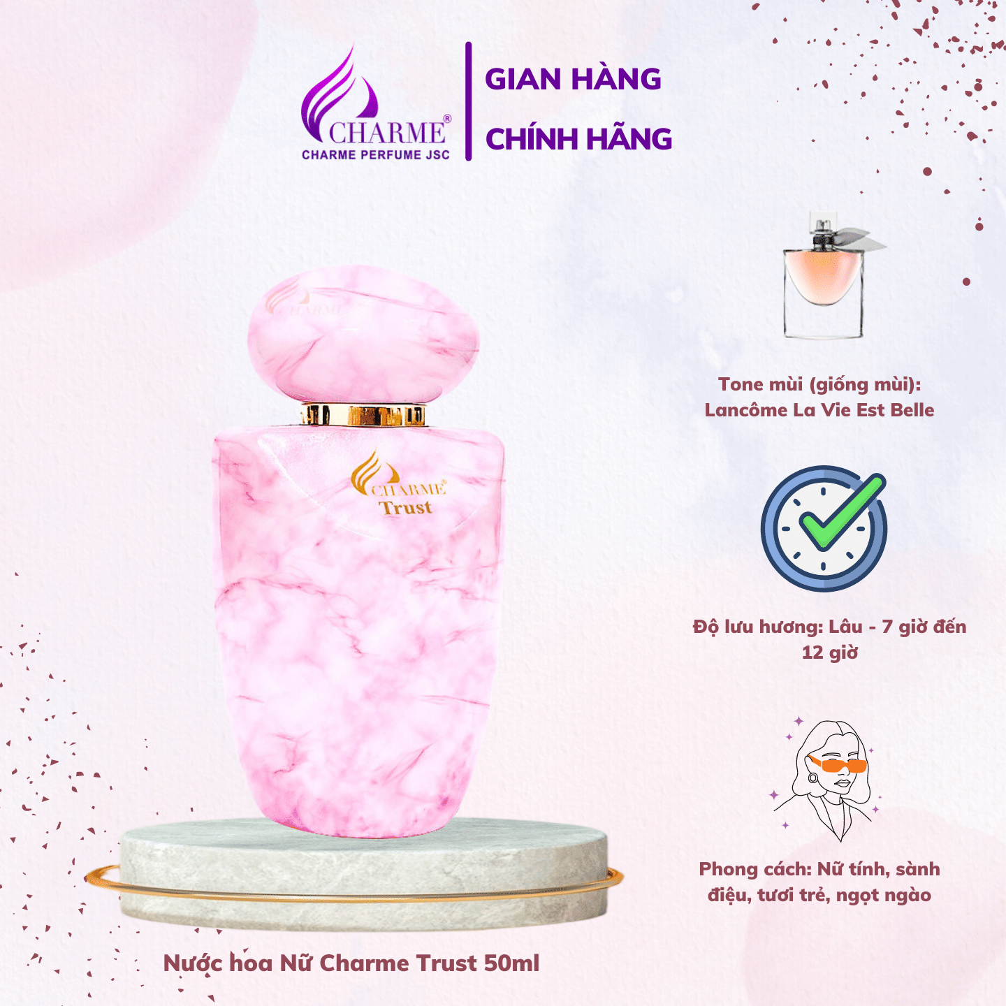 Nước hoa nữ cao cấp phiên bản đá cẩm thạch Charme Trust, mùi hương hoa cỏ trái cây, tươi mát, trang nhã, lưu hương lâu SIZE 50ml