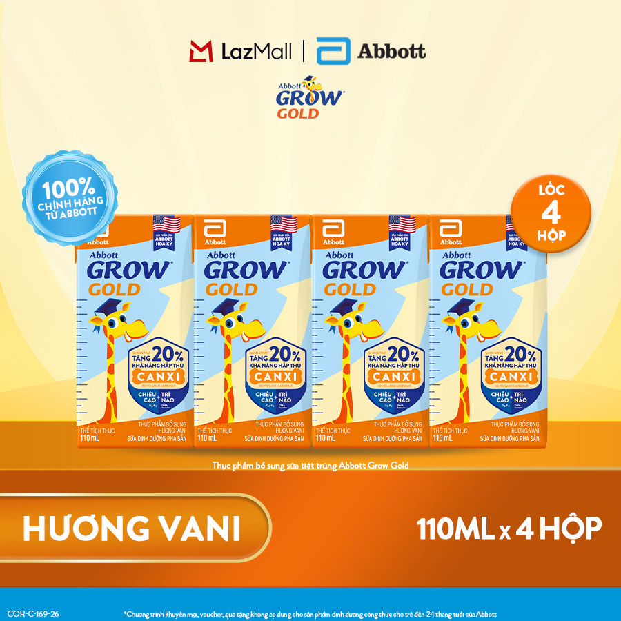 Thùng 48 hộp thực phẩm bổ sung sữa tiệt trùng pha sẵn Abbott Grow Gold hương Vani 110ml cho trẻ từ 1 tuổi (bao bì thay đổi theo từng đợt nhập hàng)