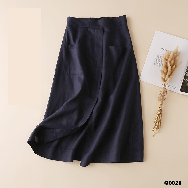Q0828-chân váy linen lưng thun hai túi