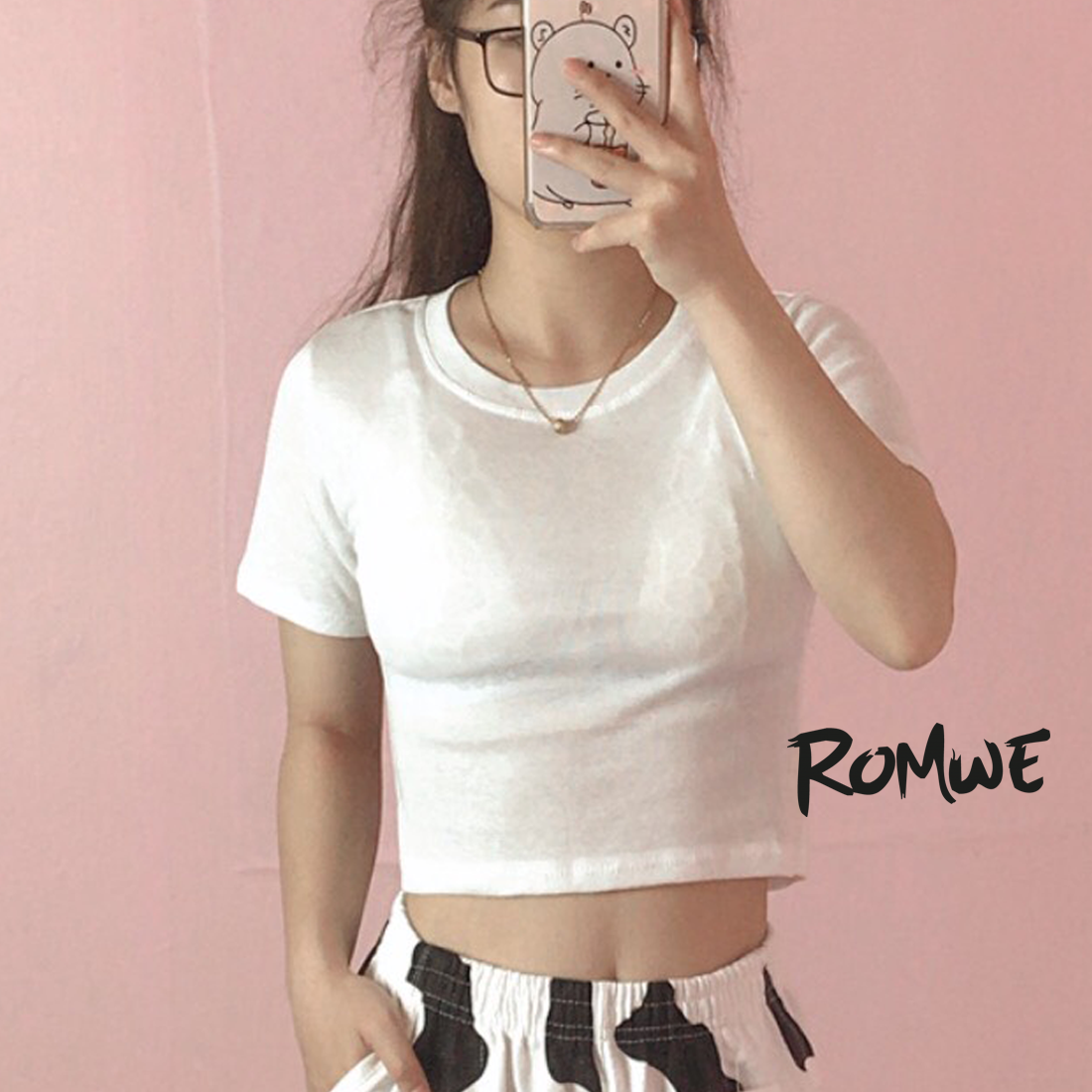 Áo croptop ROMWE tay ngắn cổ tròn dáng suông basic thời trang hàn quốc màu trắng