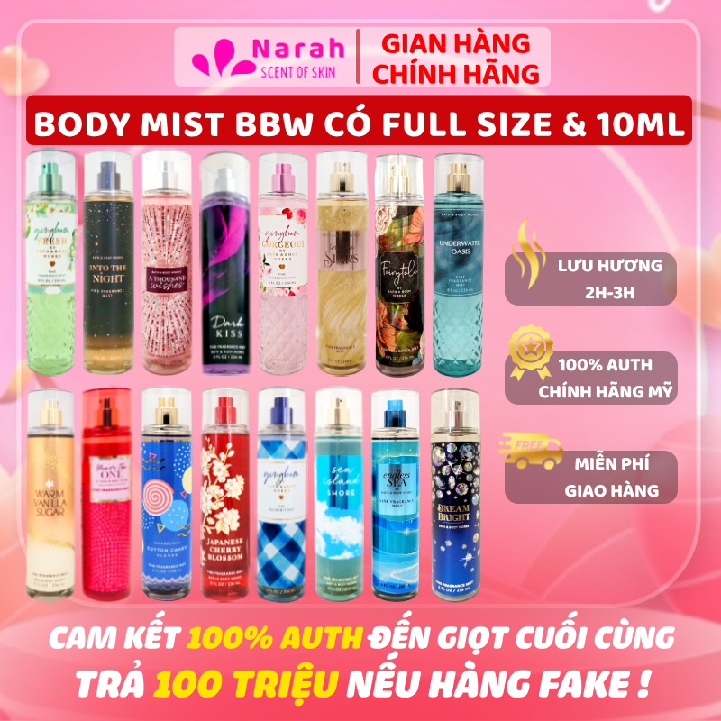FULL SIZE & 10ml - Body mist xịt thơm toàn thân BBWs Mỹ lưu hương và dưỡng ẩm da có full size 236ml - Narah ScentOfSkin