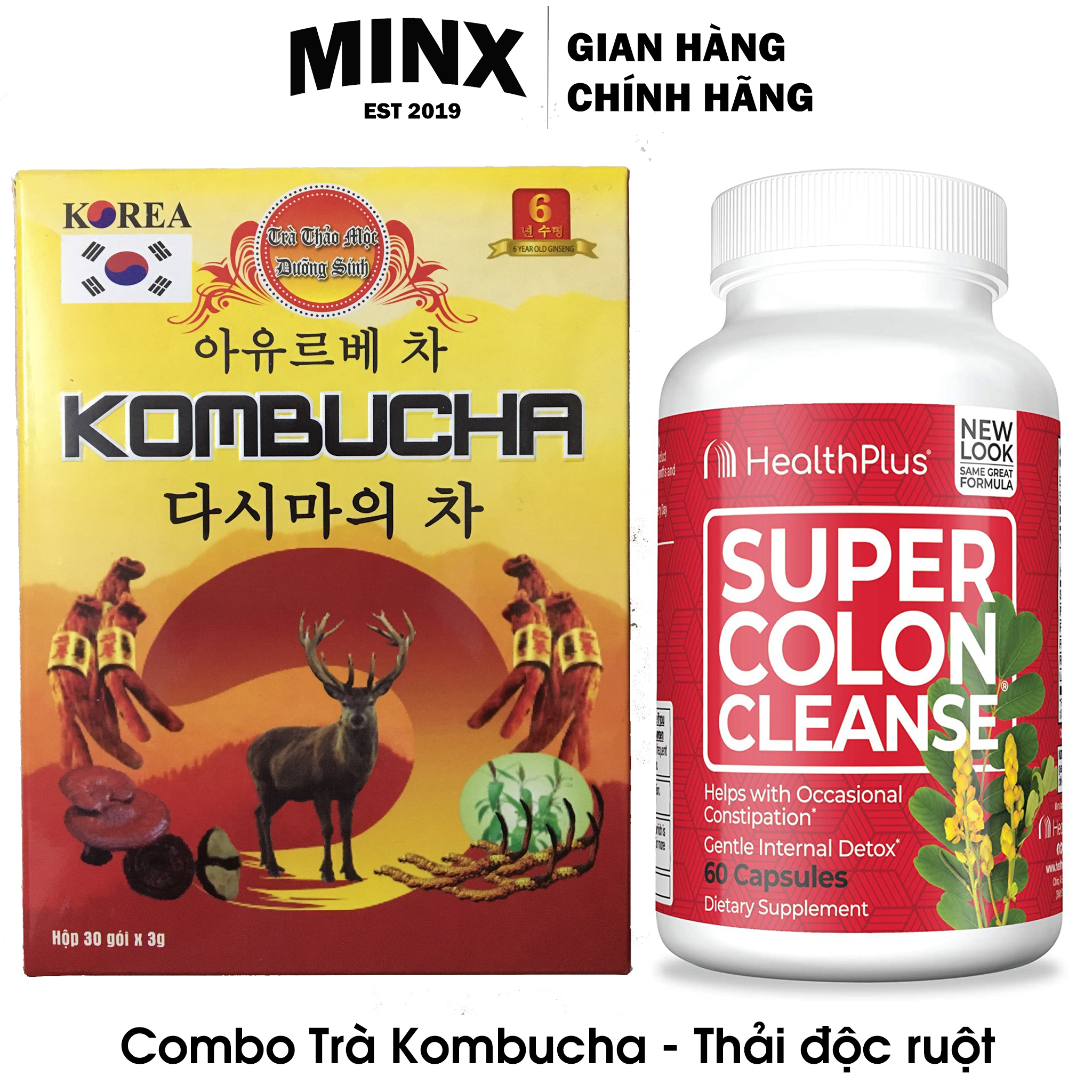 COMBO Trà Kombucha (30 Túi/1 Hộp) và Super Colon Cleanse Thải Độc Đại Tràng, Thải độc Đường Ruột Healthy Plus (60 viên) - Kombucha Scoby Tea Bag - MINX Store