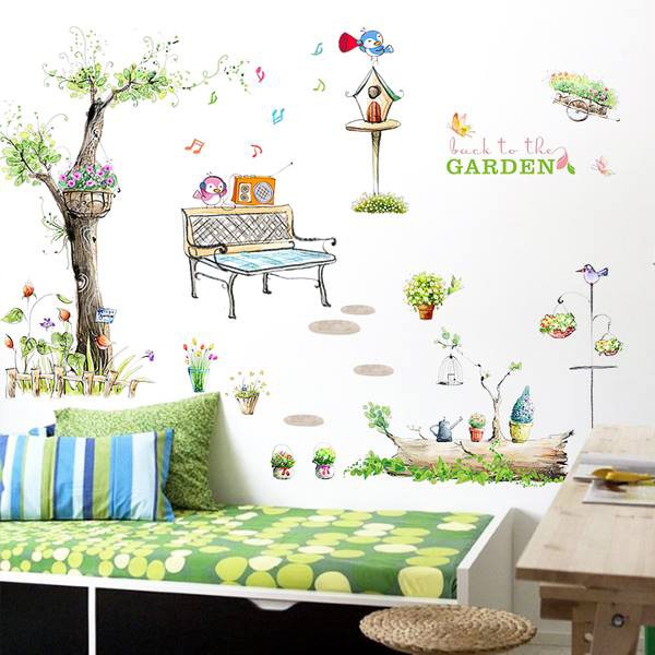 Decal dán tường công viên - tranh dán tường khu vườn cây cho bé