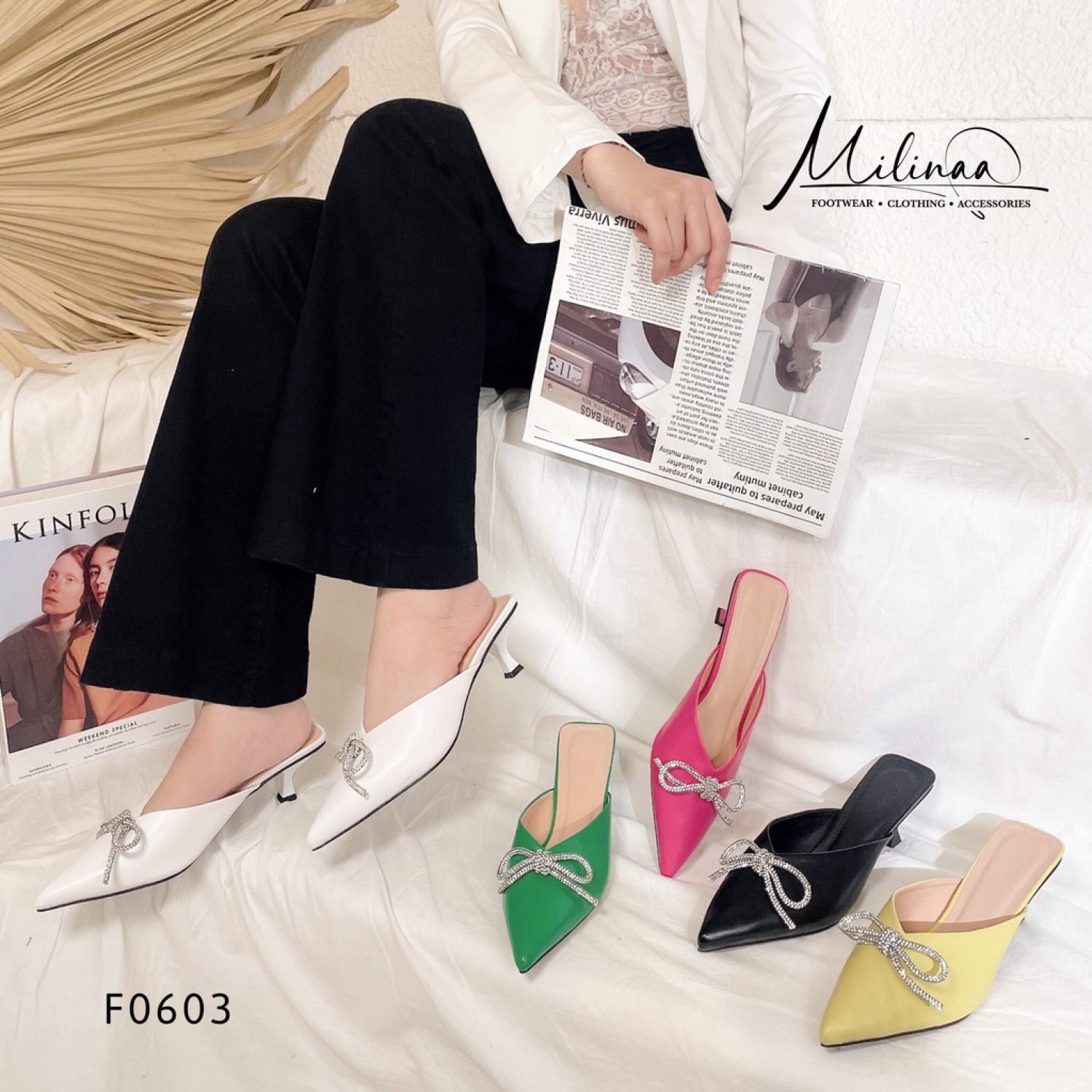 GIÀY SỤC NỮ GÓT NHỌN 4P BÍT MŨI NHỌN PHỐI NƠ XOÀN DA MỀM F0603