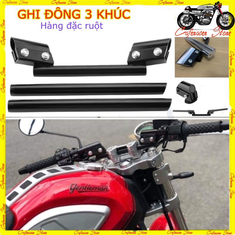 Ghi đông độ xe 3 khúc - tay lái độ xe cafe racer, tay lái xe máy độ xe máy, nhôm cnc, màu bạc