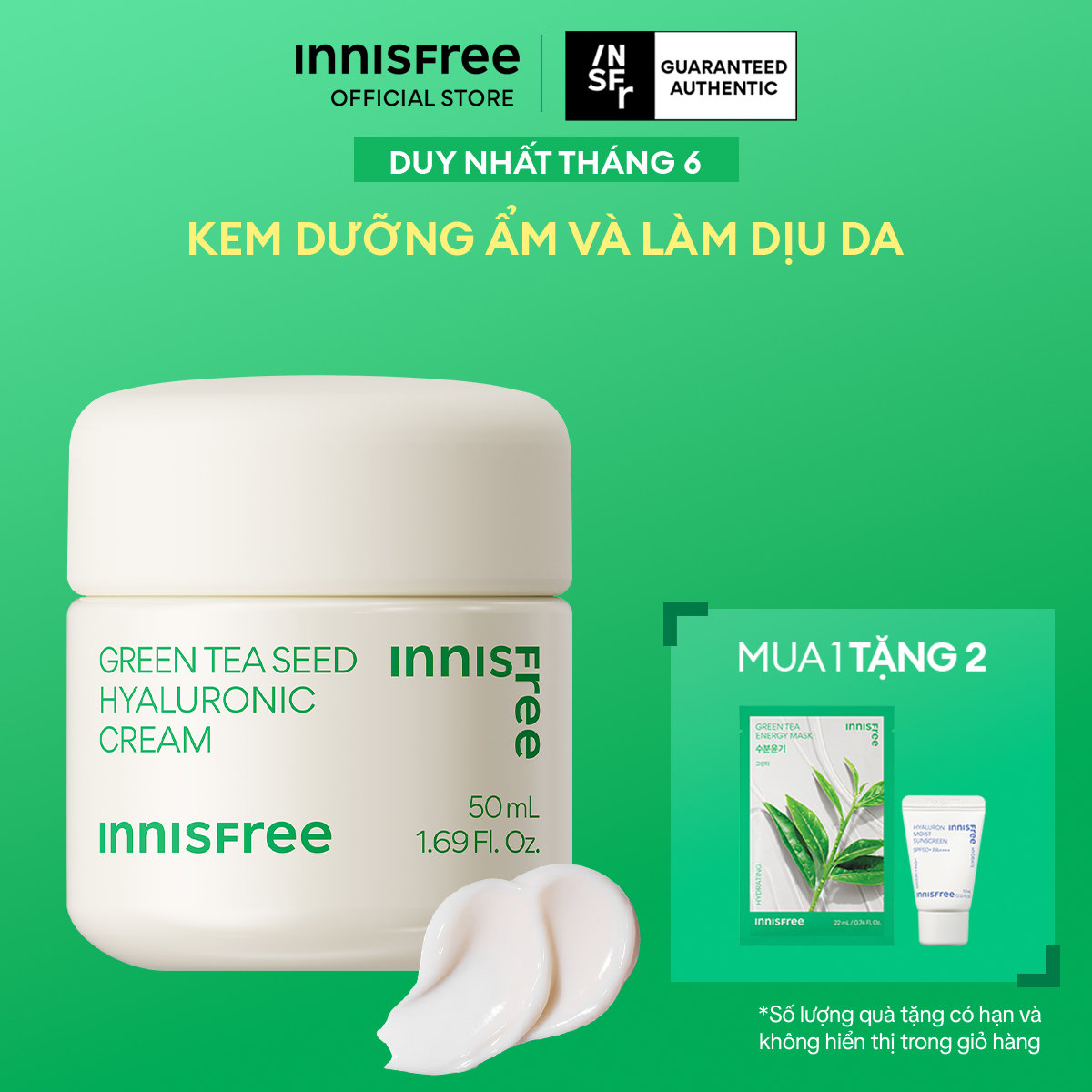 Kem dưỡng cung cấp ẩm từ trà xanh và dầu hạt trà xanh tươi INNISFREE Green Tea Seed Hyaluronic Cream