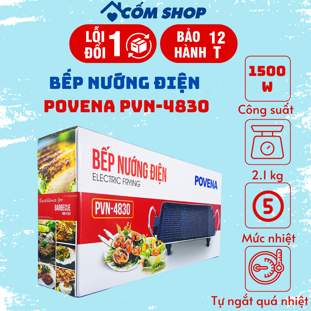 Bếp nướng điện povena 1500w pvn-4830 mặt chống dính to phù hợp cho gia đình 6-8 người