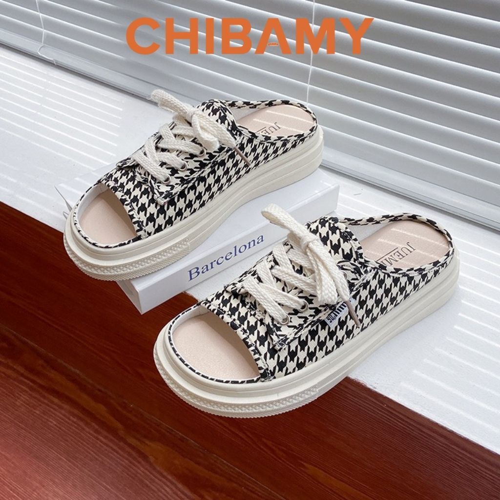 Dép Sục vải hở mũi CHIBAMY đế bánh mì cao 3 phân, Dép thời trang nữ giả sục thắt dây vải mịn kiểu dáng Hàn Quốc
