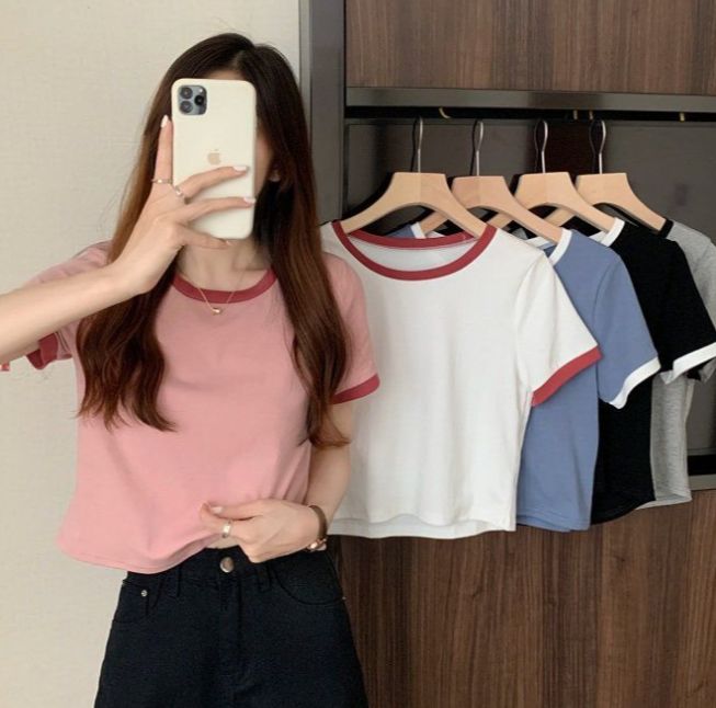 Áo Thun Croptop Nữ Viền Cổ Và Tay màu sắc xinh xắn-Áo nữ cổ tròn xinh