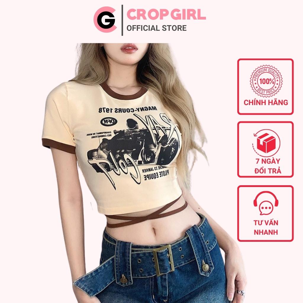 Áo croptop nữ in hoạ tiết phối dây eo CROPGIRL, Áo croptop ôm body ngắn tay khoét lưng siêu tôn eo
