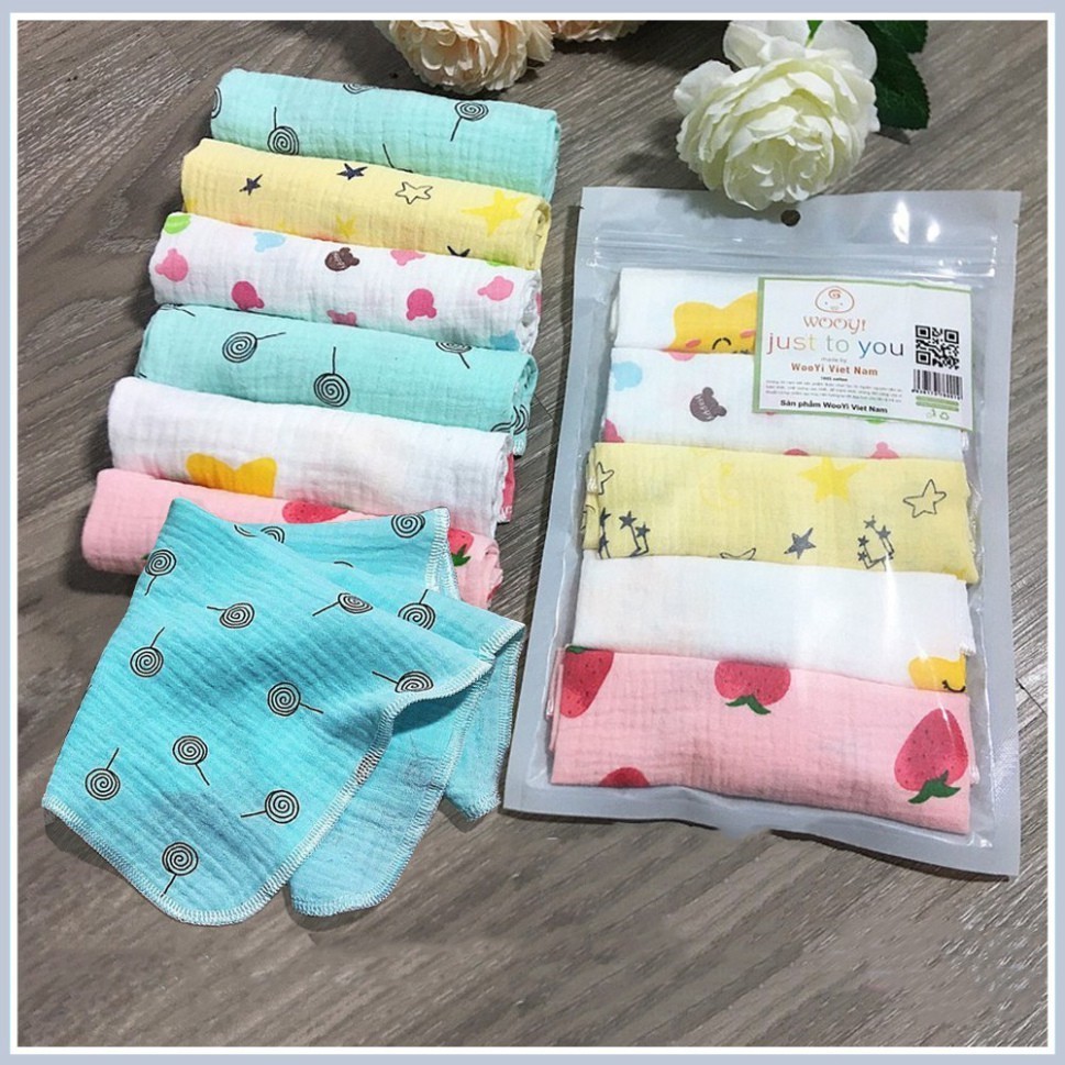 Set 5 Khăn sữa cotton WooYi mềm mịn cho bé/khăn lau cho bé cực cute