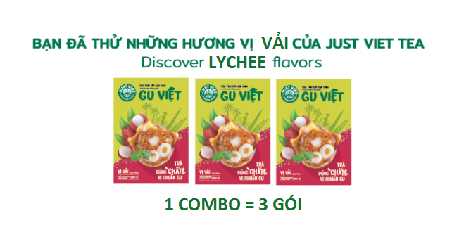 Cần 135.000/combo = 3 hộp trà trái cây hạt chia vị vải thiều just việt - trà gu việt thanh mát vị trái cây nhiệt đới; hạt chia bổ sung vitamin và đậm đà tinh chất trà đen