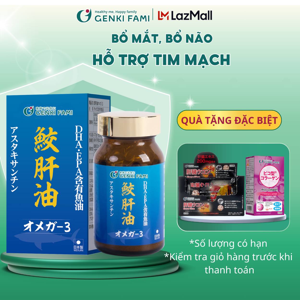 Dầu gan cá mập omega 3 bổ mắt, bổ não, tốt cho tim mạch genki fami nhật bản