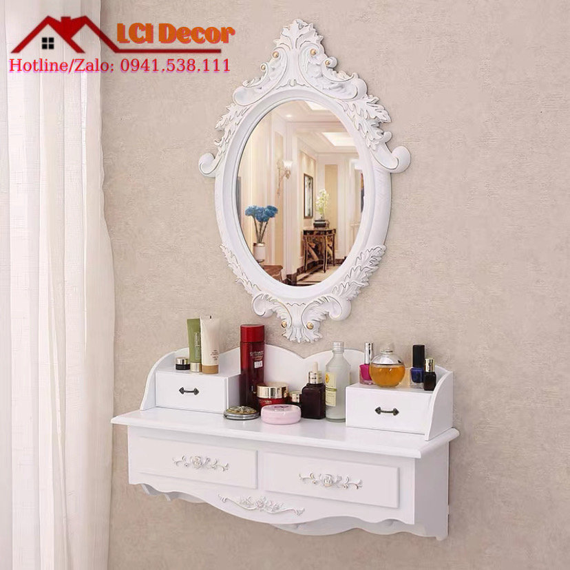 ( Giảm thêm 5% ) Bàn trang điểm DN638, treo tường, gương nhựa ABS, Bàn gỗ MDF
