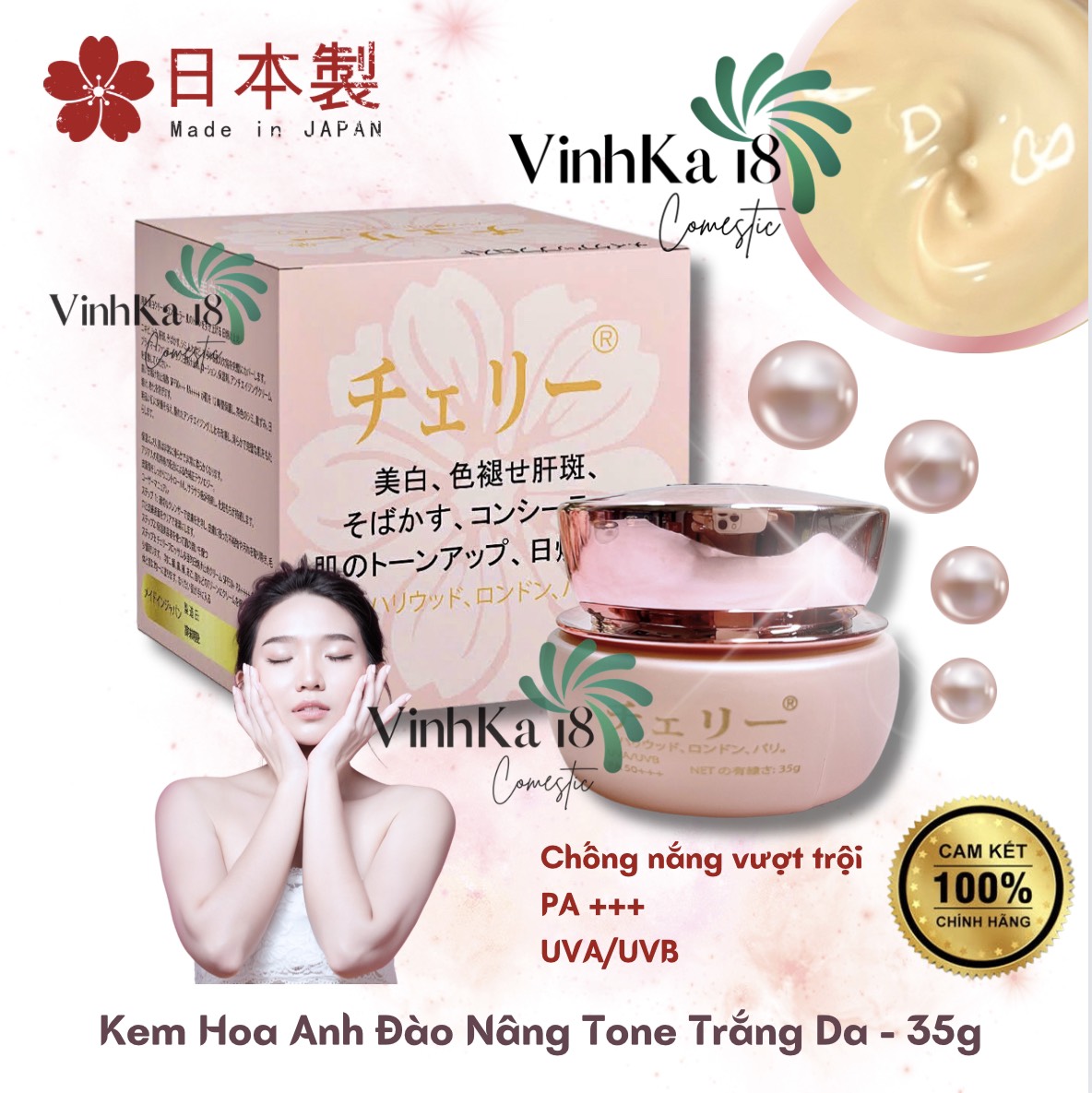 Kem hoa anh đào nhật bản dưỡng trắng nâng tone chống nắng - kem anh đào đa năng - vinhka18