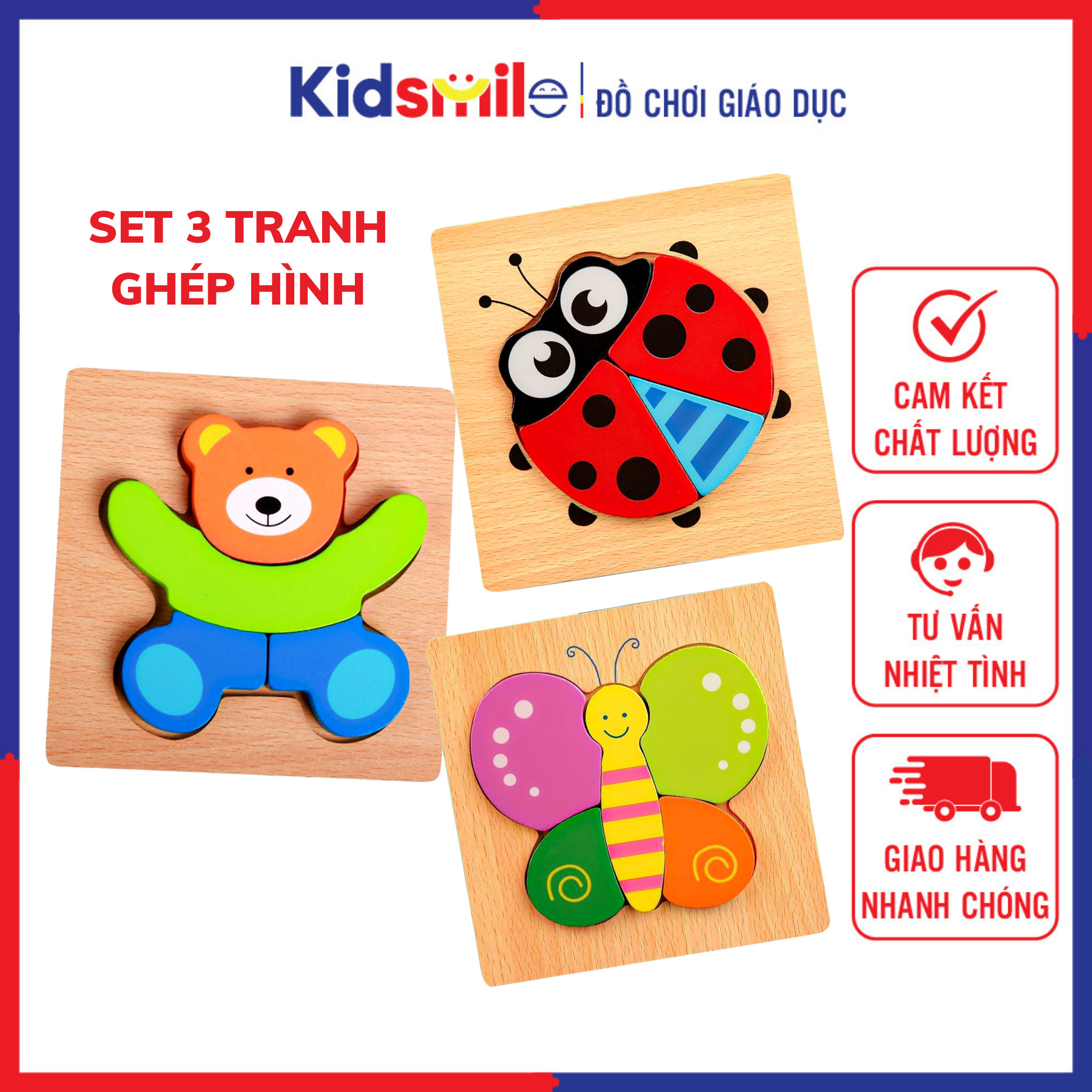 Combo 3 tranh ghép hình gỗ 3D, đồ chơi phát triển trí thông minh và tư duy logic cho trẻ em từ 1 tuổi trở lên