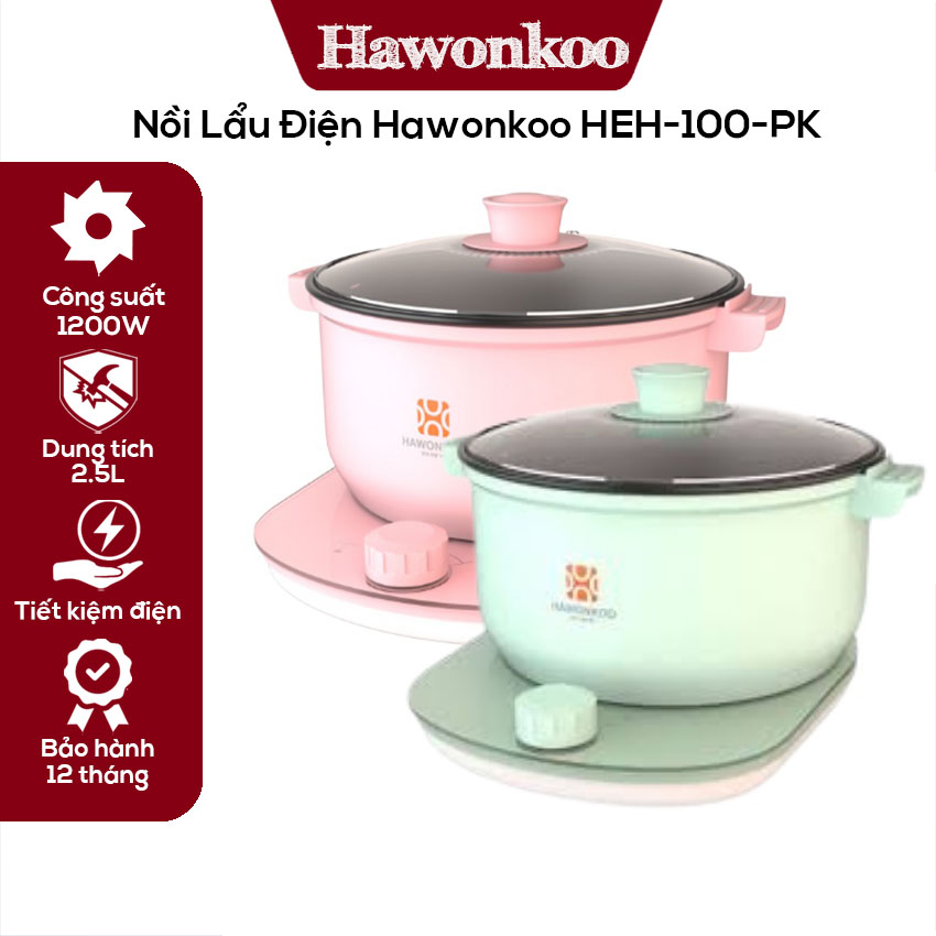 Nồi lẩu điện hawonkoo heh-100-pk, dung tích 2.5l công suất lớn, tặng kèm quà, bảo hành 12 tháng