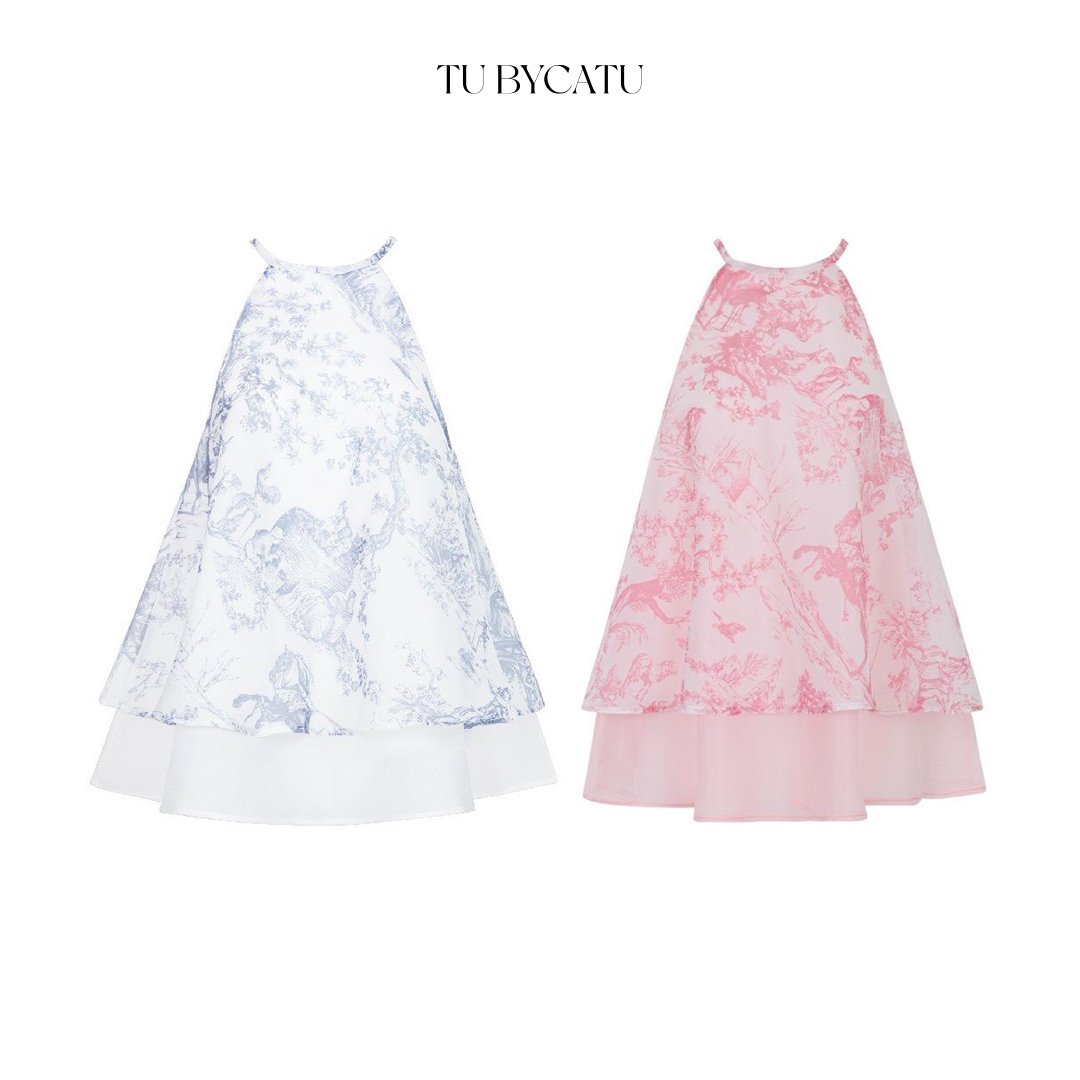 TUBYCATU | Áo yếm in hoạ tiết 2 màu Xanh Dương/ Hồng