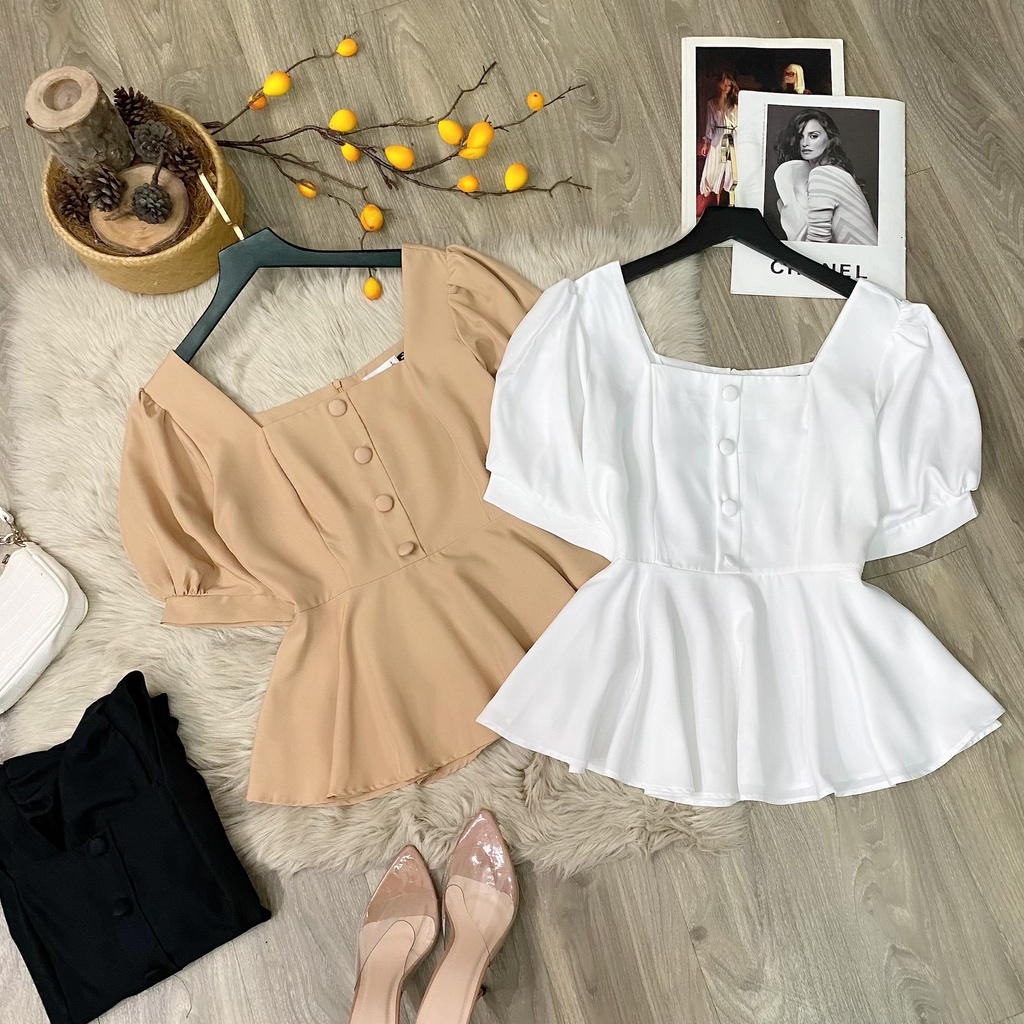 Áo kiểu peplum cô vuong tay phồng nút bọc tay phông che khuyết điểm bigisze 50.90kg