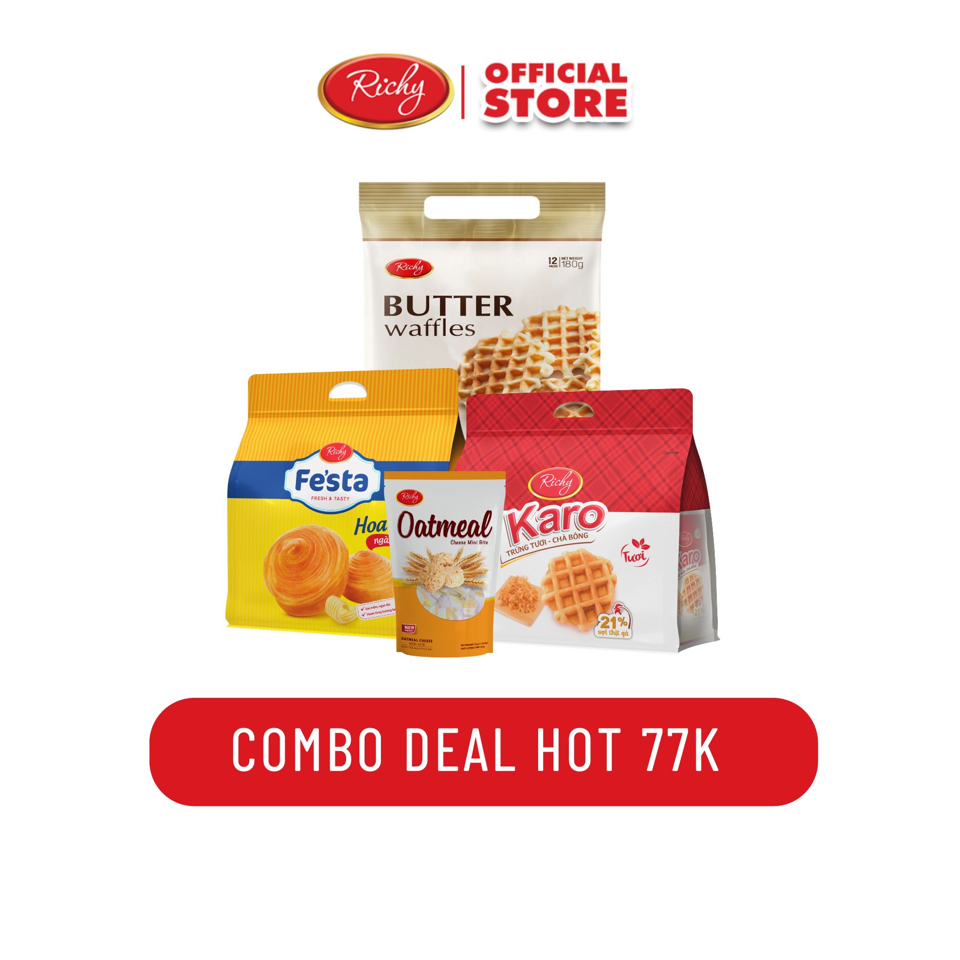 [DEAL HOT 77K] Combo bánh karo sợi gà tươi, bánh mì hoa cúc tươi ngàn lớp Fes'ta Richy, bánh karo bơ trứng giòn xuất Nhật, bánh yến mạch oatmeal vị phô mai 35g - Bánh kẹo Richy