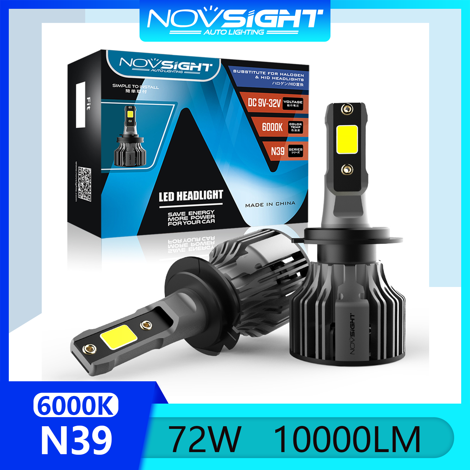 Novsight N39 LED Car Headlight 9005(HB3) 9006(HB4) 9007 880 881 H1 H3 H4 H7 H11 H13 LED Headlight Bulb Fog Light High/Low Beam 6000K 72W 10000LM Plug&Play 2 PCS 2 Years Warranty