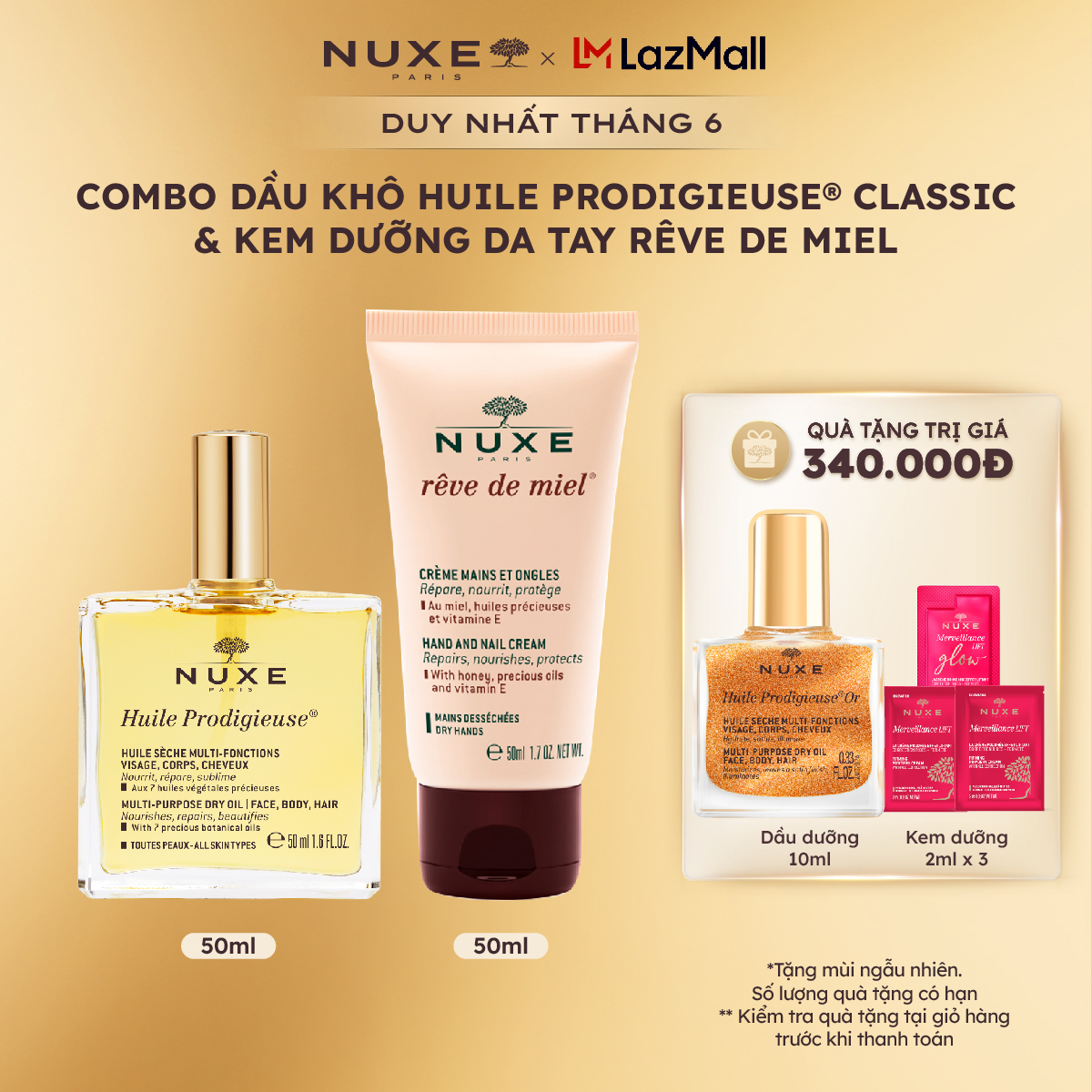 Combo Dầu khô đa năng Nuxe Huile Prodigieuse 50ml  Kem dưỡng da tay và móng Nuxe Reve De Miel 50ml