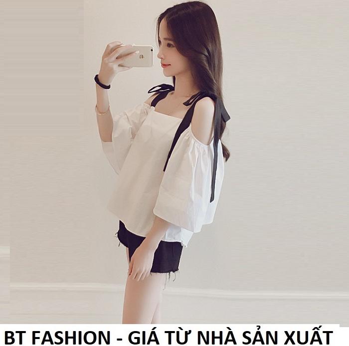 Áo Nữ Kiểu Trễ Vai, Voan Thời Trang Hàn Quốc Mới - BT Fashion (AK01 - Dây Vai Đen)