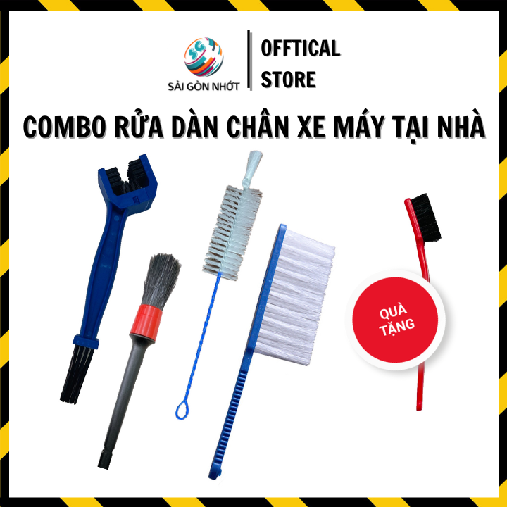 Combo 5 dụng cụ rửa xe tại nhà (cọ bút, cọ lazang dài, bàn chải sên 3d, bàn chải cước, tặng bàn chải nhỏ)
