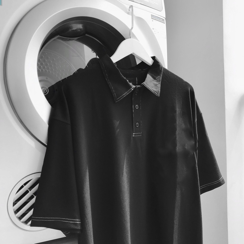 Áo polo basic tay ngắn màu đen phối chỉ nổi unisex chất cotton thoáng mát,áo cộc tay basic có cổ phong cách