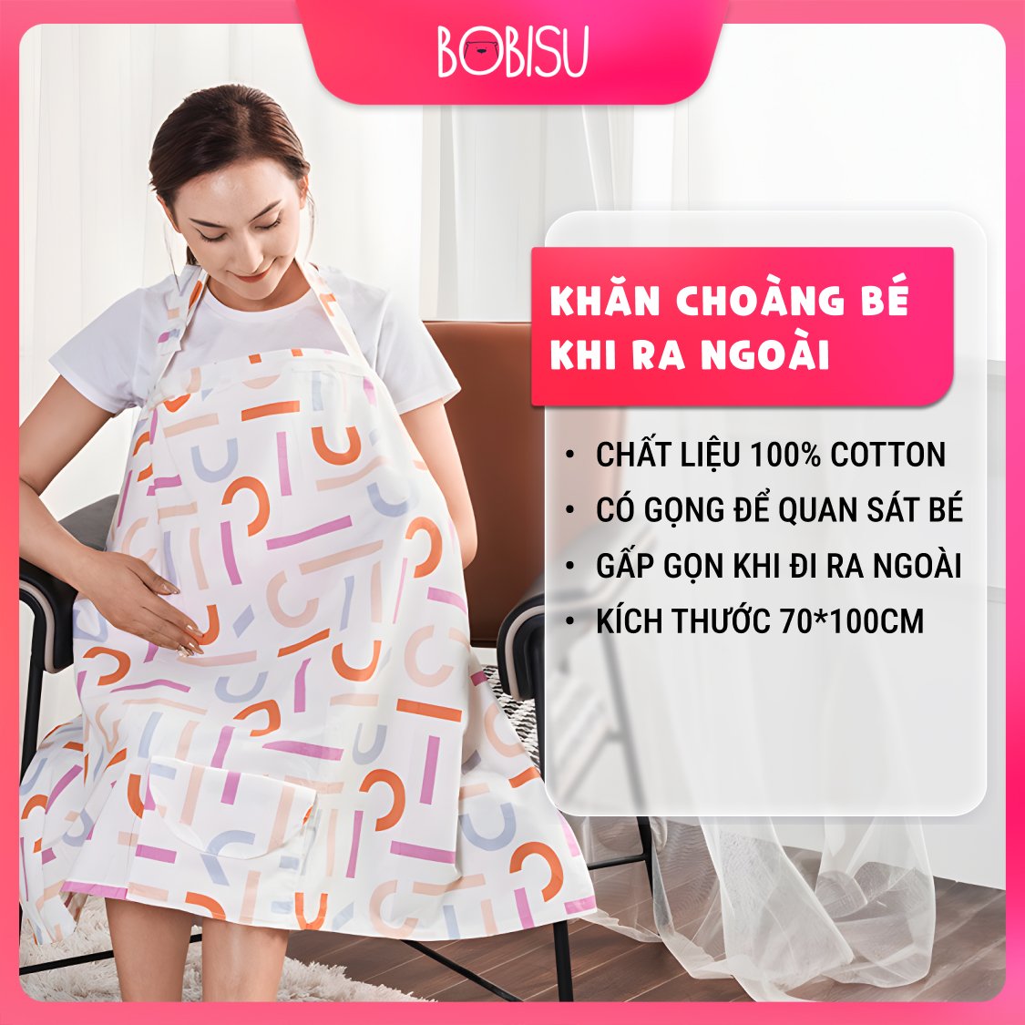 Khăn choàng che bé khi bú, khi đi ra ngoài vải 100% cotton, kèm túi đựng | OEM