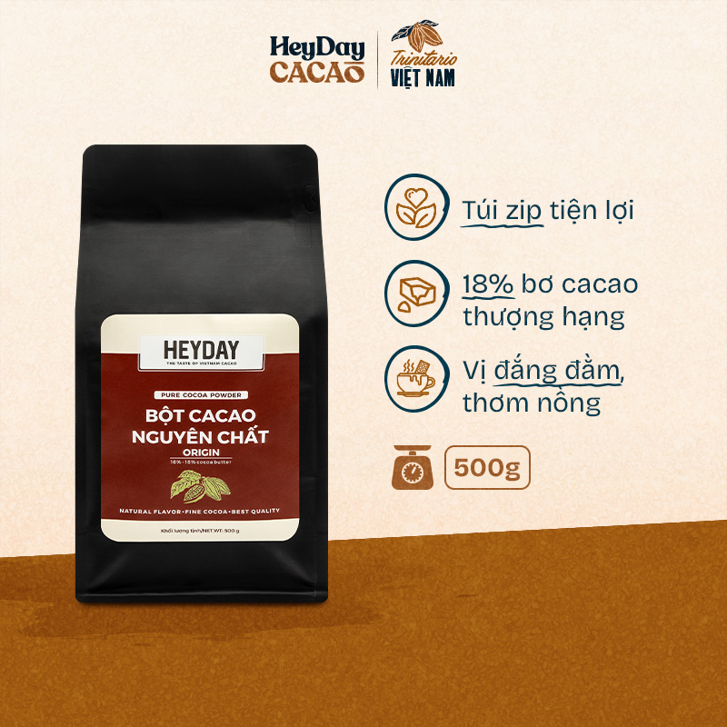 Bột cacao nguyên chất Việt Nam không đường Heyday  - Túi Zip 500g - Origin 18% bơ cacao tự nhiên - Hỗ trợ giảm cân - Keto - Vị socola nguyên bản - Không hương liệu, phụ gia