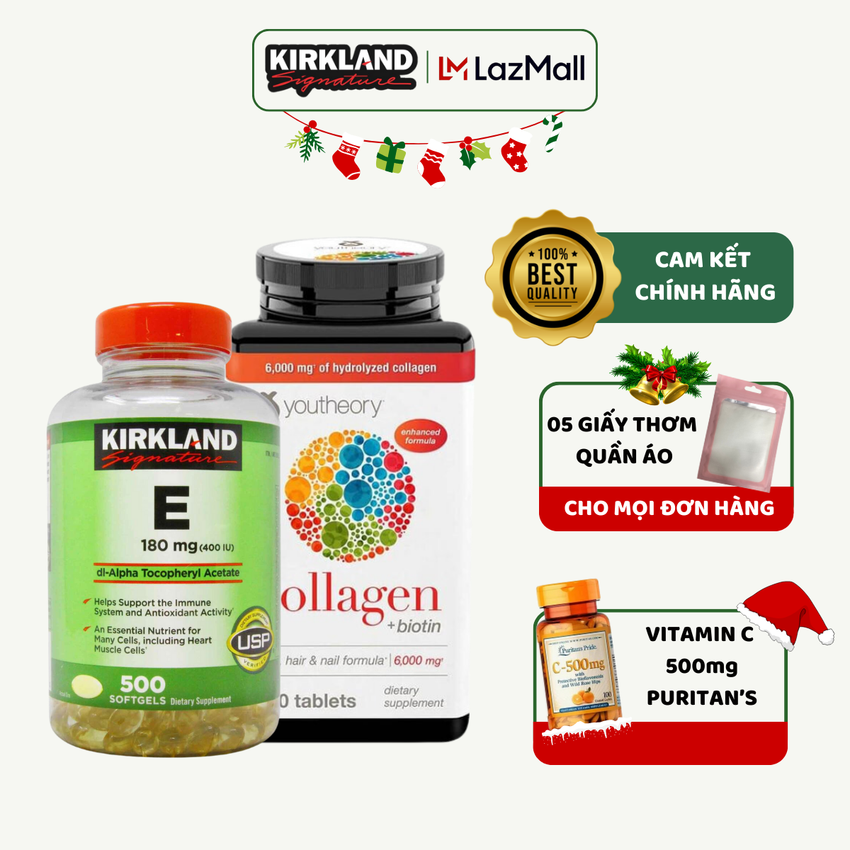 Combo Vitamin E, Collagen hỗ trợ làm sáng da, đẹp da và phục hồi chức năng da Kirkland Signature của Mỹ