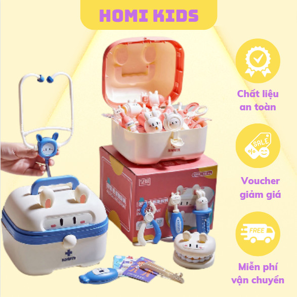 Đồ chơi nhập vai bác sĩ 48 chi tiết, Hộp đồ chơi bác sĩ thỏ cho bé HomiKids