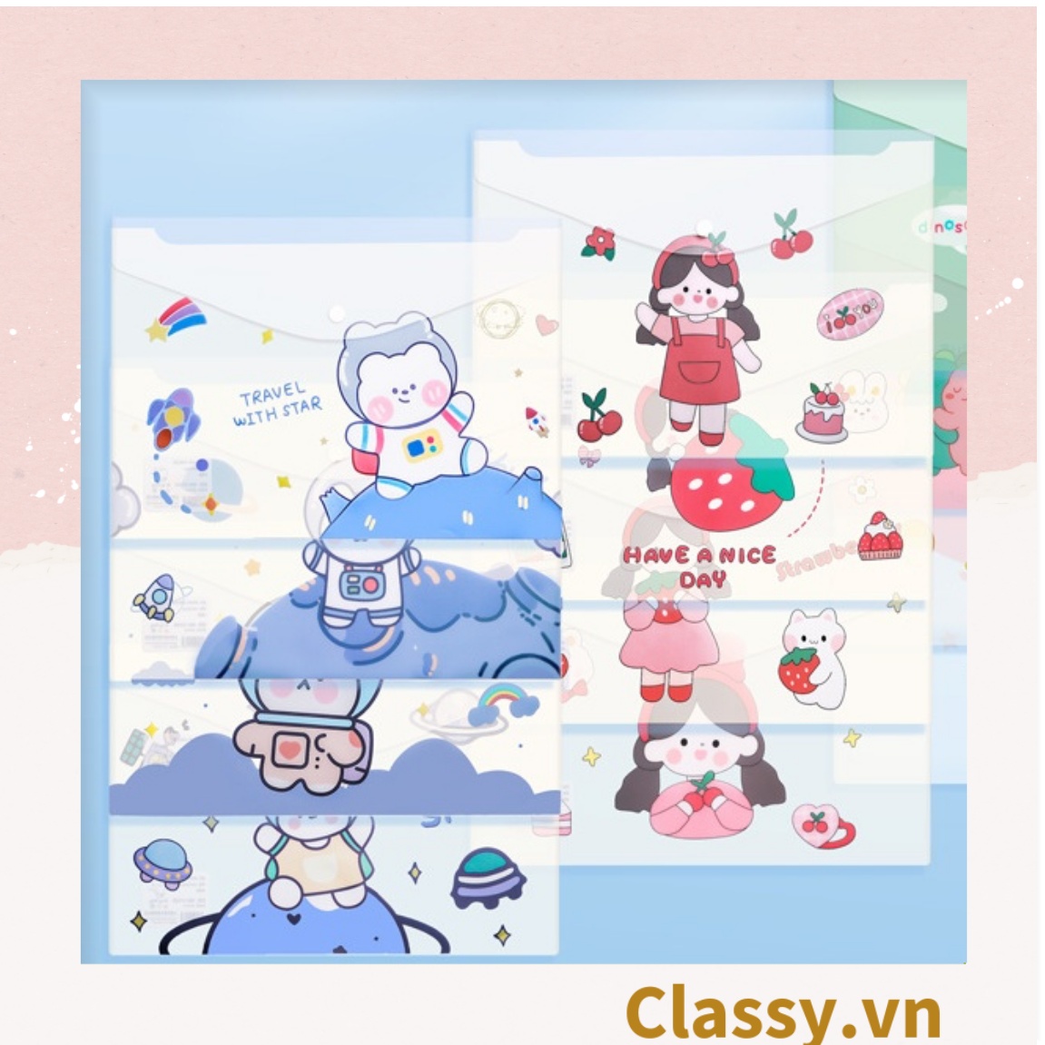 Classy PK778 Túi đựng giấy a4 nhựa PP in hình xinh xắn cute giá rẻ khóa bấm