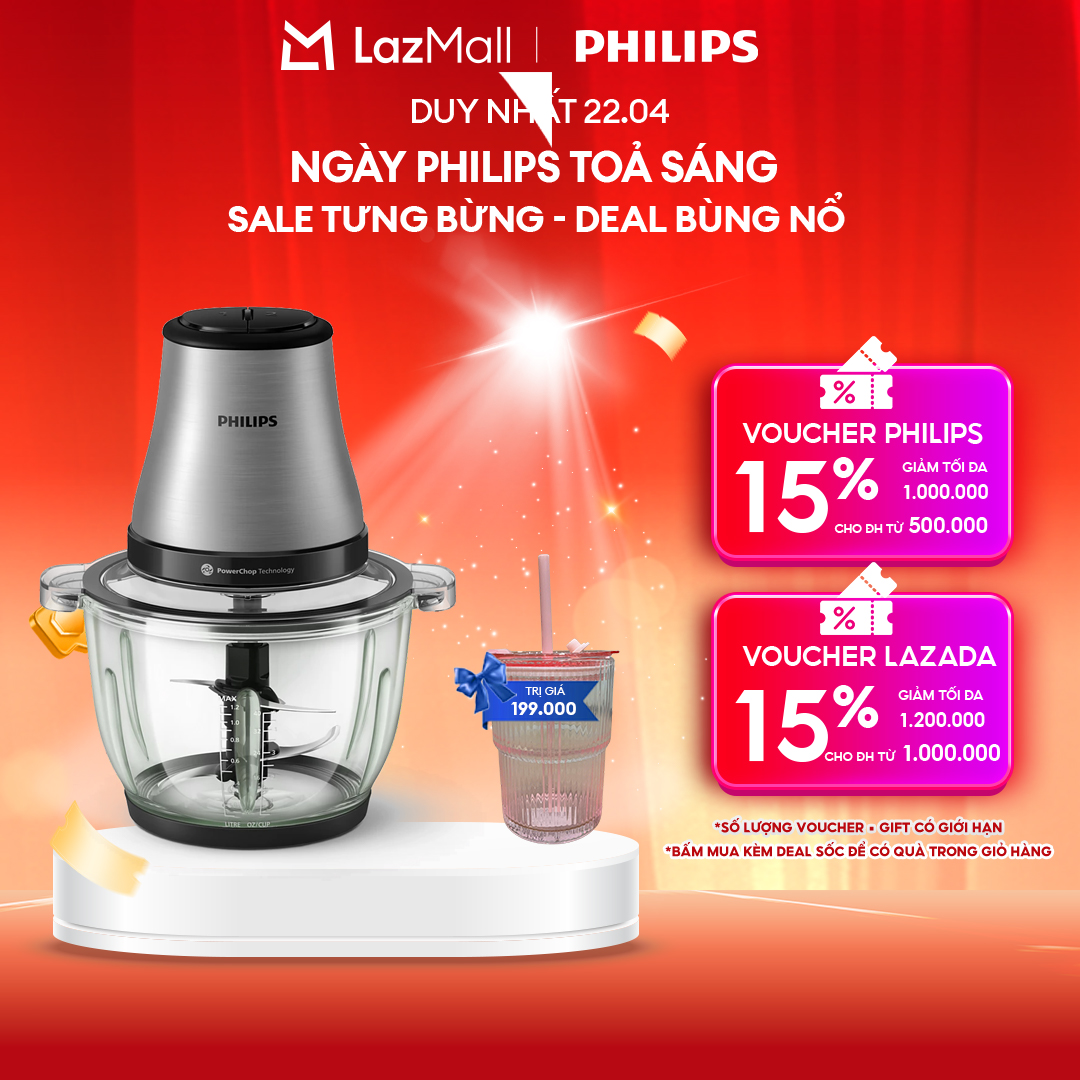[NGÀY THƯƠNG HIỆU TỎA SÁNG DUY NHẤT 22.04] Máy Xay Thịt Philips HR1503/00 2 Lít|500W| cối thủy tinh - Hàng Chính Hãng