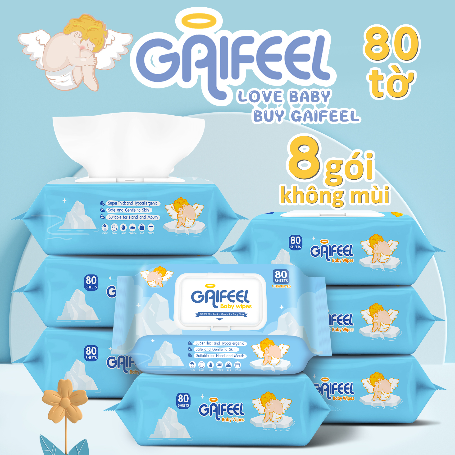 Gaifeel set 8 gói/ 640 khăn giấy ướt gaifeel khăn ướt tiện lợi cho bé