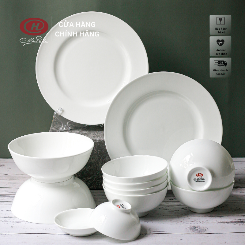 Bộ bát đĩa 12 món sứ xương trắng trơn cao cấp - sứ minh châu
