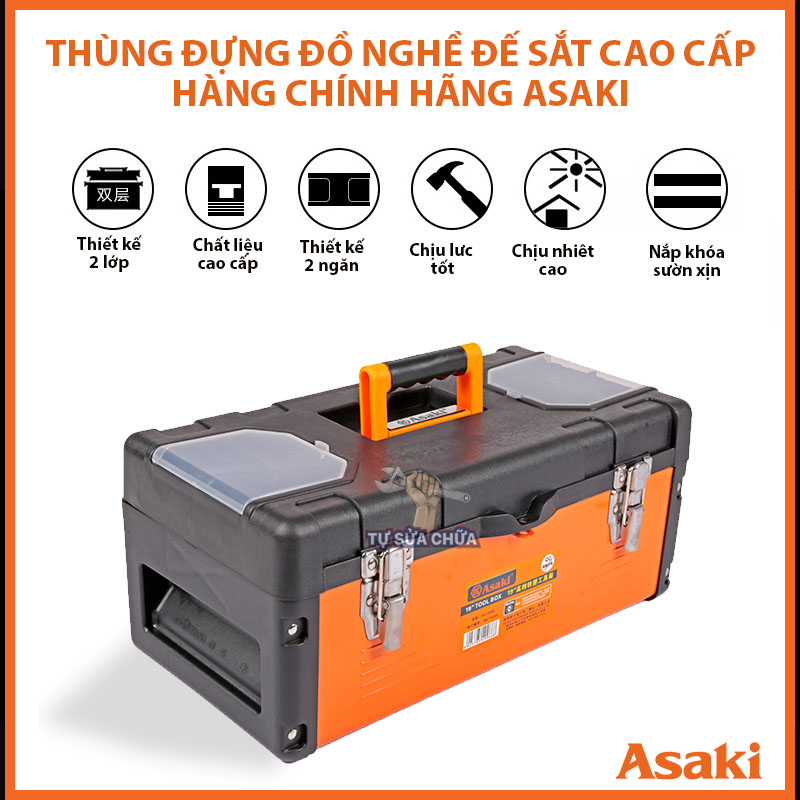 [CAO CẤP] Thùng Đồ Nghề 2 Tầng Đế Sắt Khóa Kim Loại Siêu Tiện Lợi Chính Hãng Asaki