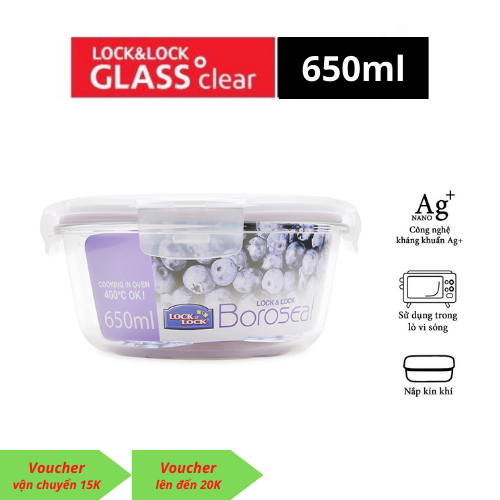 Hộp thủy tinh tròn Lock&Lock 650ml, hộp đựng cơm đi làm lock and lock, hộp thủy tinh chịu nhiệt lock&lock 650ml LLG831