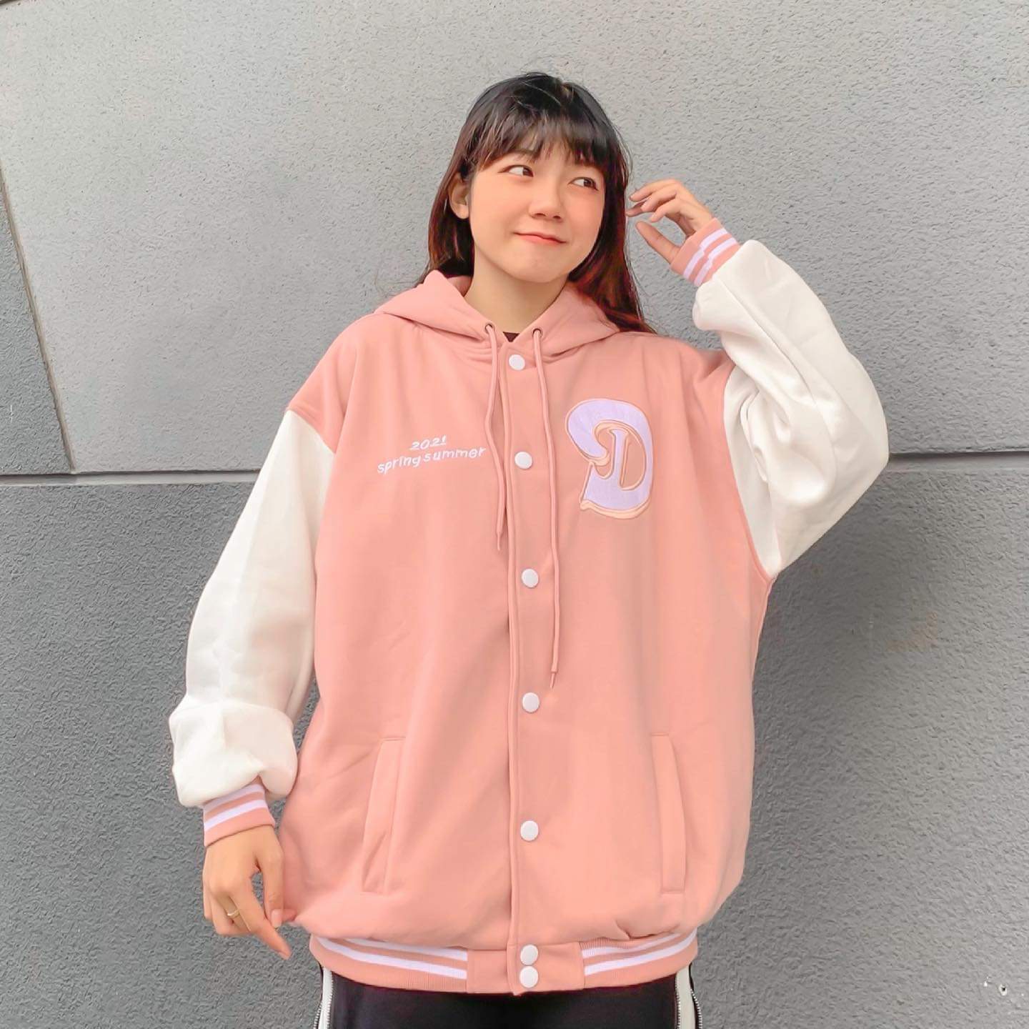 Áo khoác nỉ bông thêu spring form rộng phối nón ulzzang
