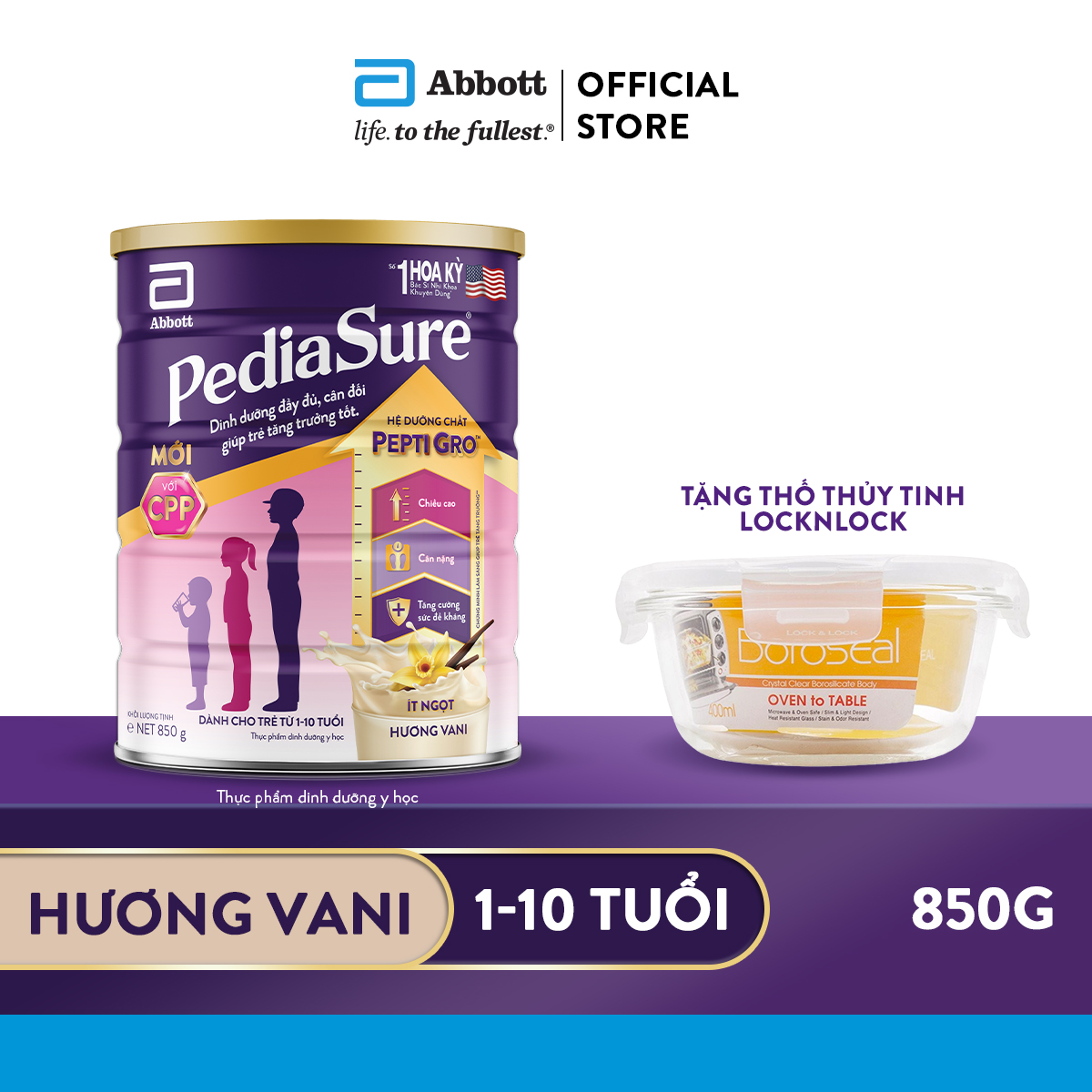 Lon sữa bột Pediasure hương vani ít ngọt 850/800g tặng Hộp đựng thức ăn Pediasure