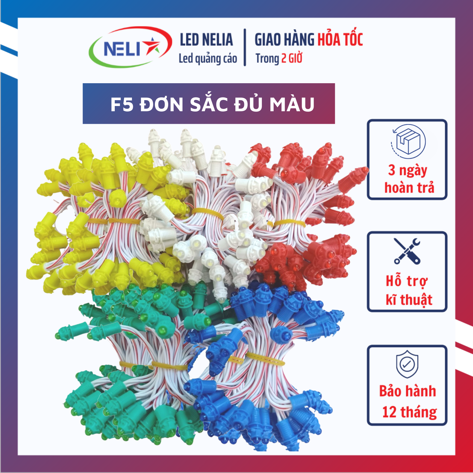 LED đúc F5 đế 9mm,chống nước điện áp 12V,trang trí nhà,cuốn cây đầu màu.