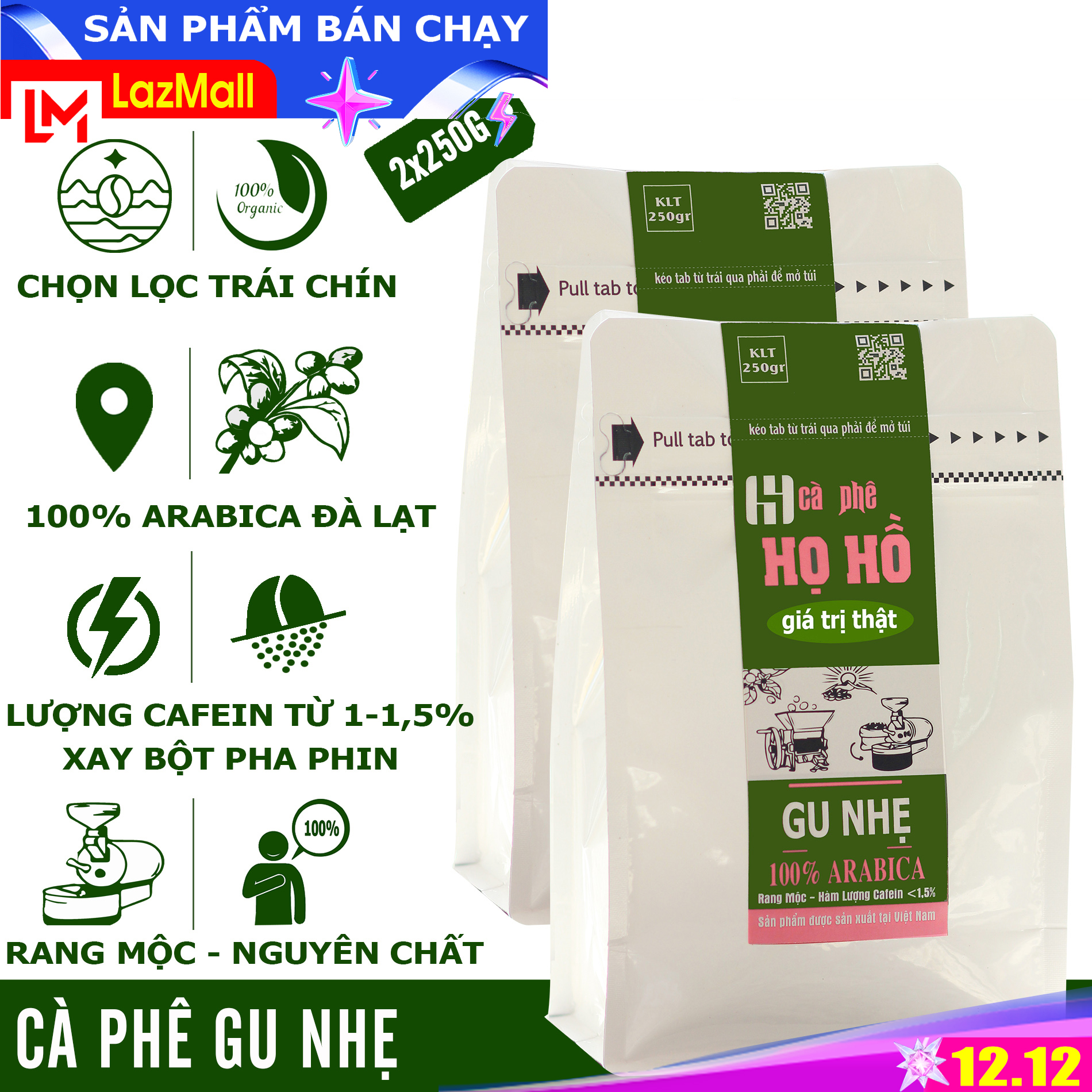 [Gu Nhẹ] 500g cà phê rang xay pha phin nguyên chất Gu Nhẹ Arabica - thơm, chua thanh thơm dịu thương hiệu cafe Họ Hồ
