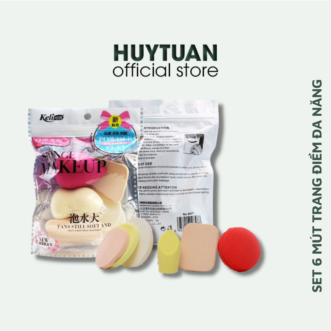 Set bộ 6 mút trang điểm tán phấn kem nền đa chức năng, 6 mút trang điểm cao cấp tiện dụng bằng bọt biển KELI, makeup - Gia dụng Huy Tuấn