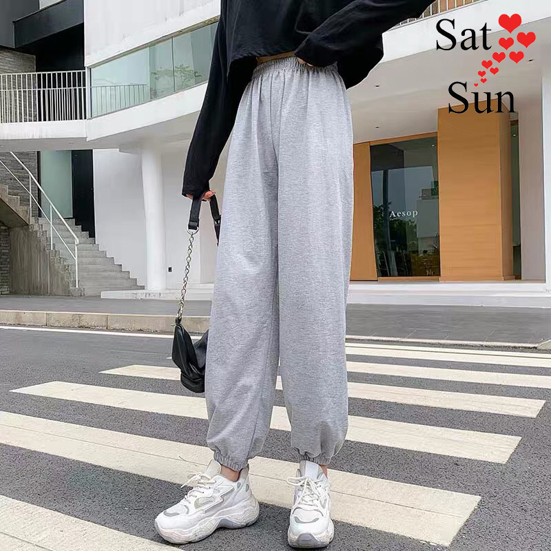 Quần ống rộng nữ jogger bo gấu vải thun đẹp form rộng dáng dài phong cách đơn giản SatSun